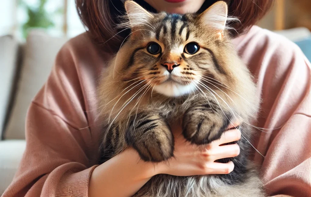 A Japanese person with bob-length hair holding a Maine Coon cat just below their chin. The person is smiling and the Maine Coon cat looks content and relaxed. The scene is set indoors with a cozy background, such as a living room with a sofa and some plants.